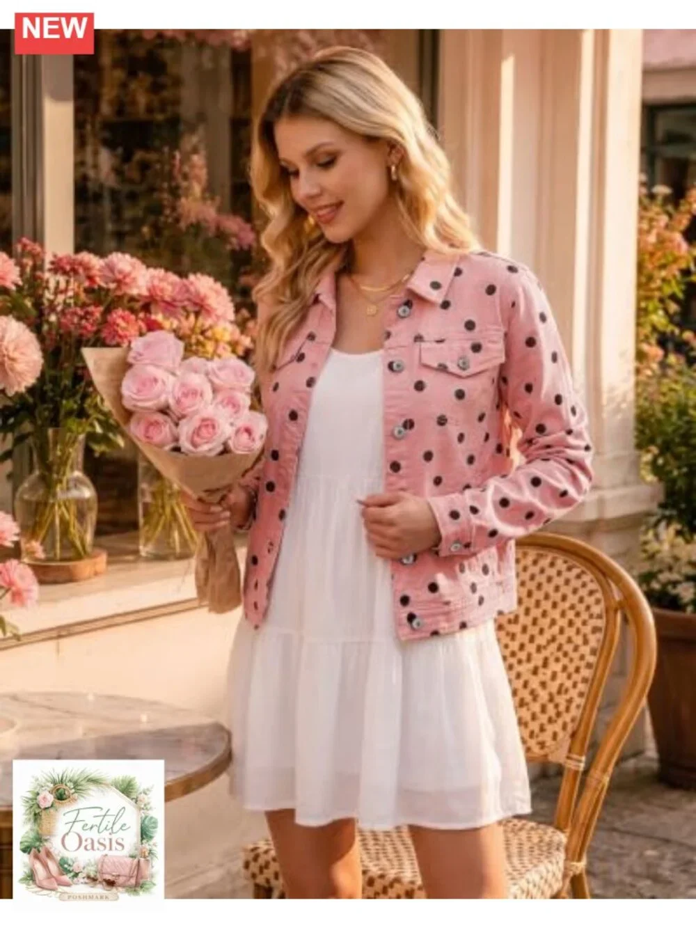 Women's Polka Dot Stretch Denim Jacket with Pockets